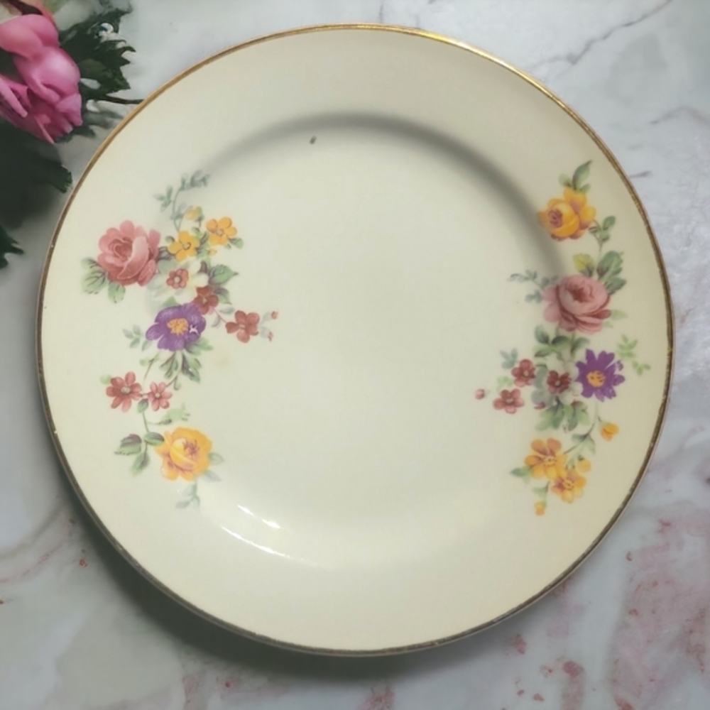 1 Vtg Edwin Knowles Bread & Butter Plate Gold Trim Flowers